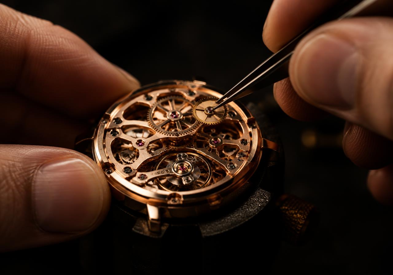 Illustrative watchmaker scene, not a photograph of the NOIRÉ workshop